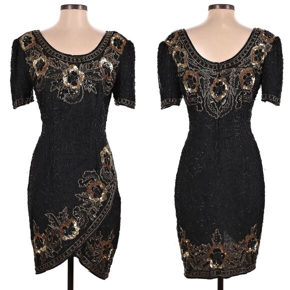 Vintage 90s Stenay Silk Cocktail Dress Mini Beaded Whimsigoth Evening Size 6 - Picture 1 of 13